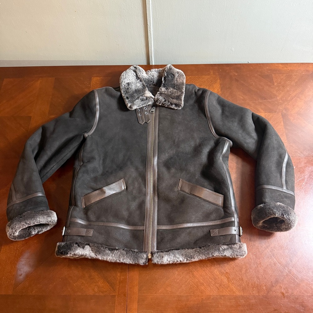 Furniq UK Mens 3XL Brown Shearling Aviator Bomber Jacket